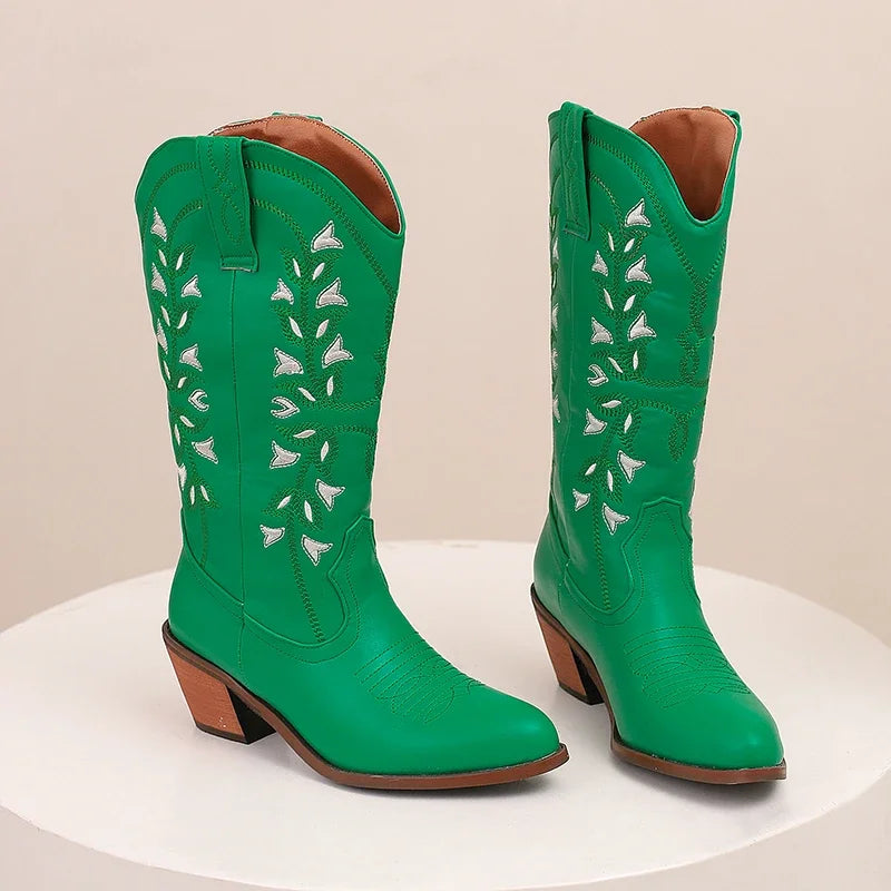 Green White Navy Blue Embroidery Chunky High Heels Women Shoes Big Size 47 48 290 Foot Length Western Punk Gothic Mid-calf Boots