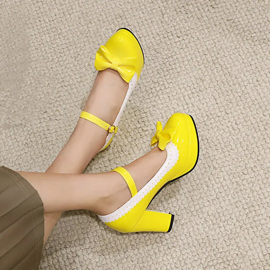 Yellow Purple Mint Green Round Closed Toe Autumn Women's Shoes Platform Pumps With Bowtie Lolita Ladies Dress Mary Janes Heels