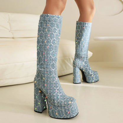 Hexagonal Plaid Denim With Sequins Women's Fashion Boots Square Toe High Waterproof Platform Slip-On Knee Boots