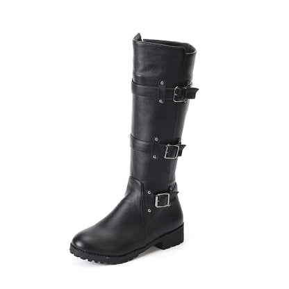 Plus Size Three Row Metal Belt Square Buckle Rivets Classic Retro Style Knight Boots Side Zipper Knee High Boots New Spring 2024