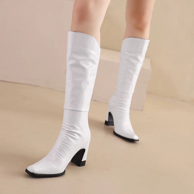 Plus Size Shiny Patent Leather Square toe Profiled High Heel Knee High Boots Plush Inner Back Zipper Pleated Gold Fashion Boots