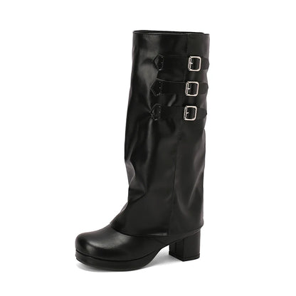 Plus Size Flipped Pu Side Zipper Decoration Round Toe Thick Heel Fashion Knee High Boots Autumn New Slip-On Women's Boots