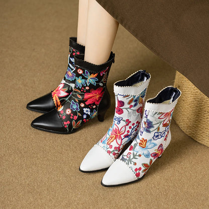 Plus Size Ruffle Edge Embroidered Flower Pointed Cat Heel Mid-calf Boots Printed Back Zipper Ethnic Style Autumn Winter New Boot