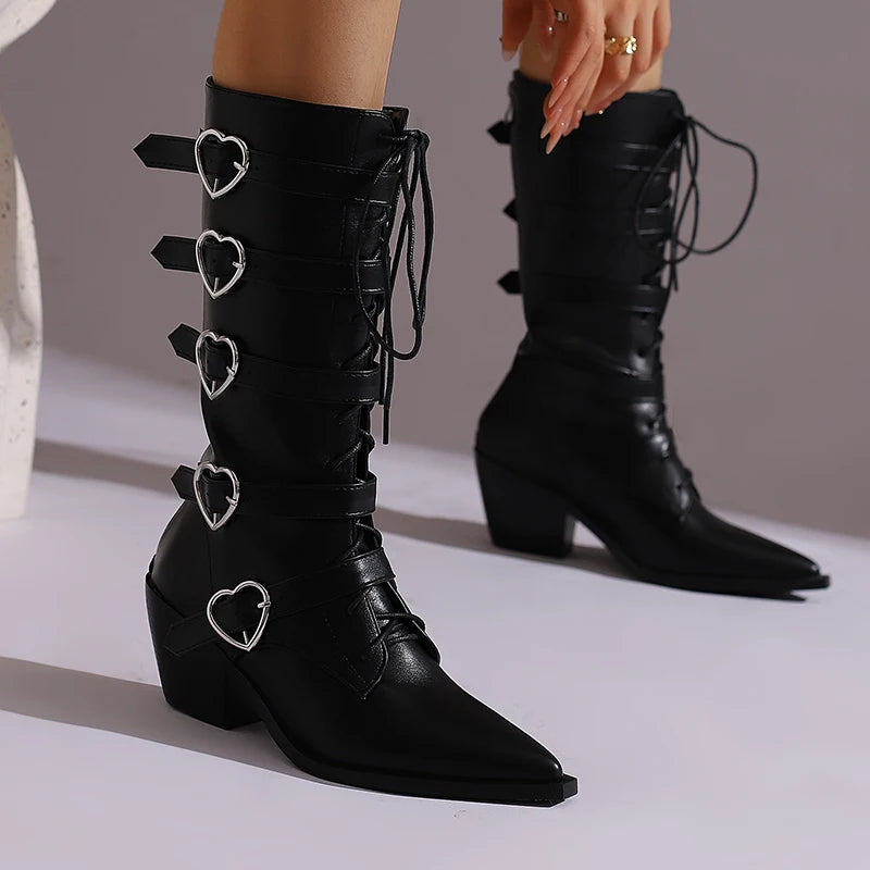 Plus Size Five Row Heart-Shaped Metal Belt Buckle Pointed Cone Wood Grain Thick Heel Cross Tie Zipper Punk Style Mid-calf Boots