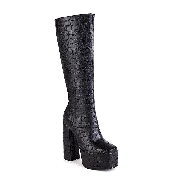 Stone Pattern Fashion Street Catwalk Boots Checkered Stripe Ultra-High Platform Side Zipper Plush Lining Women's Knee-High Boots