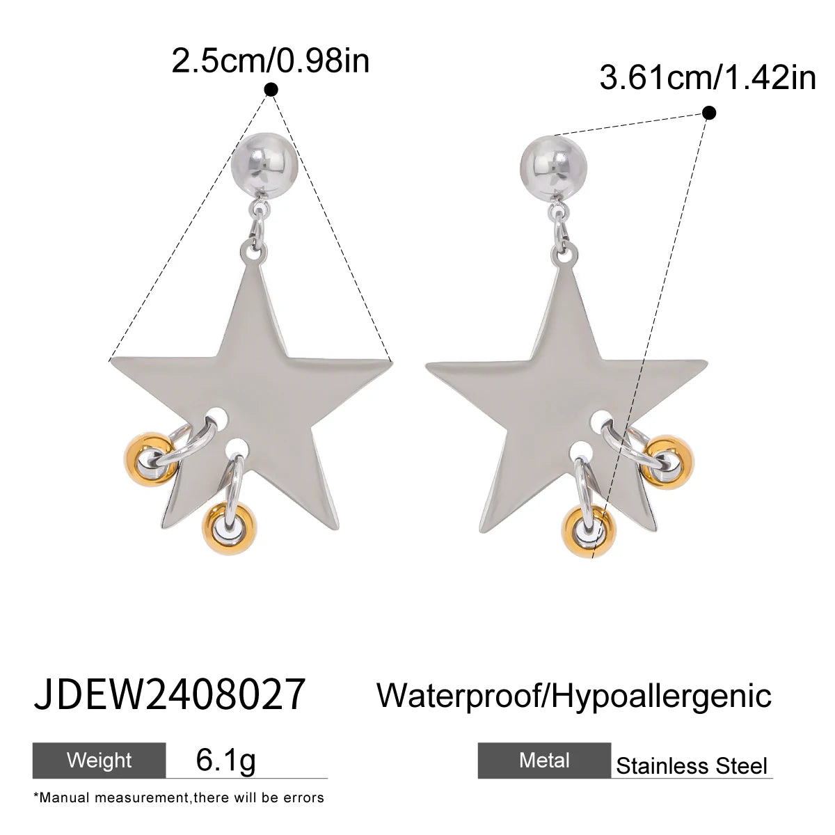 Youthway Gold Silver Patchwork Pentagram Pendant Stud Earrings Glossy Metal Stainless Steel Romantic Jewelry Daily 2024