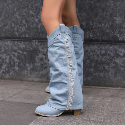 Plus Size Washed Denim Material With Cuffed Fashion Western Boots Side Fringe Wood Grain Thick Heels Slip-On Trend Knee Boots