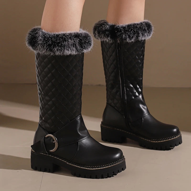 Fur Metal Belt Buckle Plush Inner Mid-Calf Boots