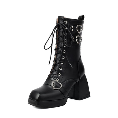 Plus Size Heart-Shaped Metal Buckle Rivet Strap Mid-Tube Boots Square Toe Platform Super Irregular Thick Heel Warm Lace-Up Boots