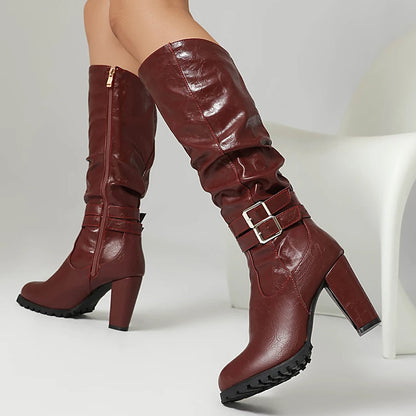 Plus Size Double Row Metal Belt Buckle Round Head Ultra-High Thick Heel Side Zipper Knee High Boots Platform Fashion Long Boots