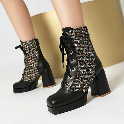 Tweed PU Leather Mixed Color Square Toe Block High Heels Women Shoes Winter Fall Platform Lace-up Motorcycle Ankle Goth Boots