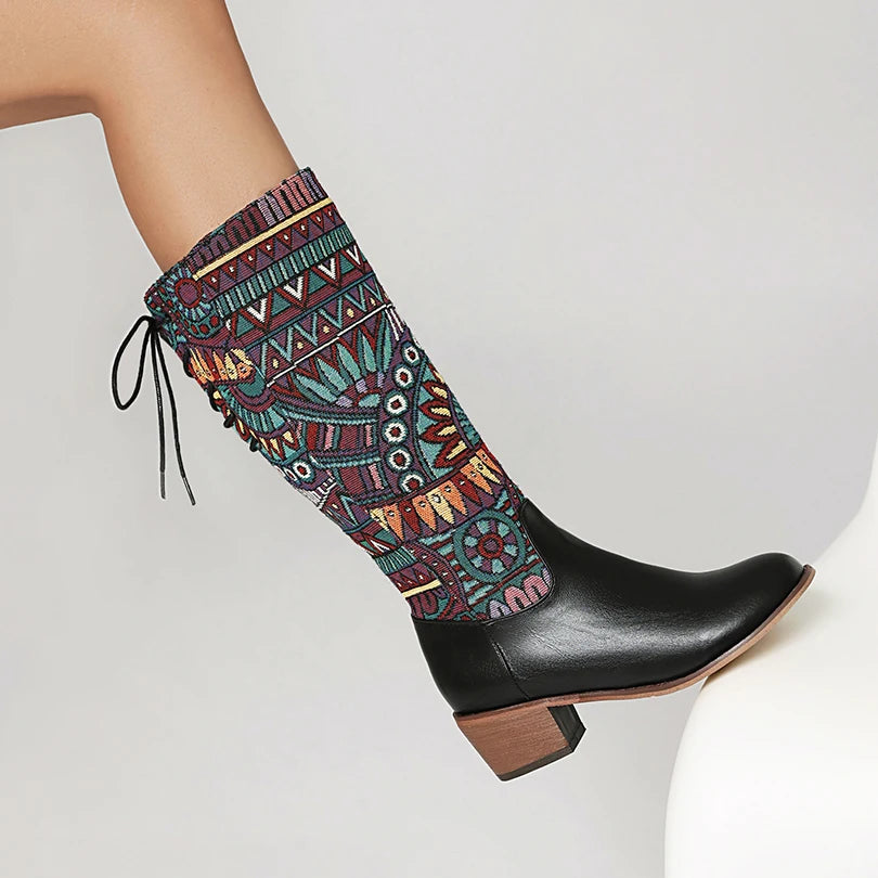 Plus Size Ethnic Style Pattern Printed Fabric Splicing PU Long Boots Cross Tie Straps Zippers Wood Grain Thick Heel Knee Boots