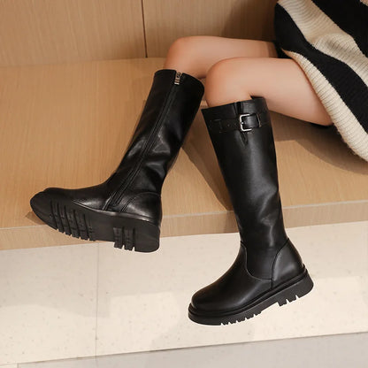 Ultra Small Metal Belt Buckle Punk Style Side Zipper Flat Heel Thick Sole Autumn Female Student Boots New Children's Long Boots