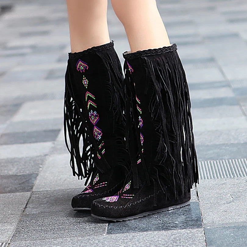 Plus Size Tassel Flock Embroidery Pattern Ethnic Style Women's Mid-Calf Boots Flat Bottom And Raised Plush Inner Lining Boots