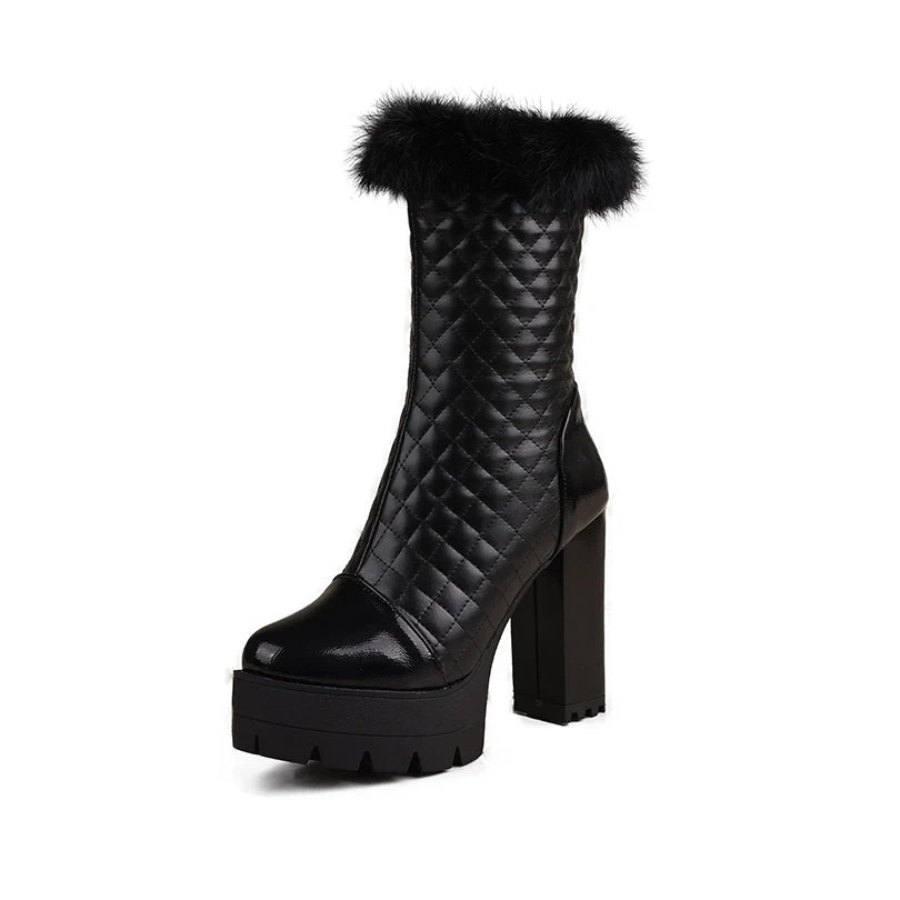 Plus Size Diamond Grid Pattern PU Splicing Fur Winter High Boots Platform Super High Thick Heel Side Zipper Mid-Calf Boots