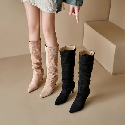 Plus Size Pleated Flock Pointed Ultra High Slim Heel Women's Knee High Boots With Short Plush Lining Slip-On Concise Style Boots