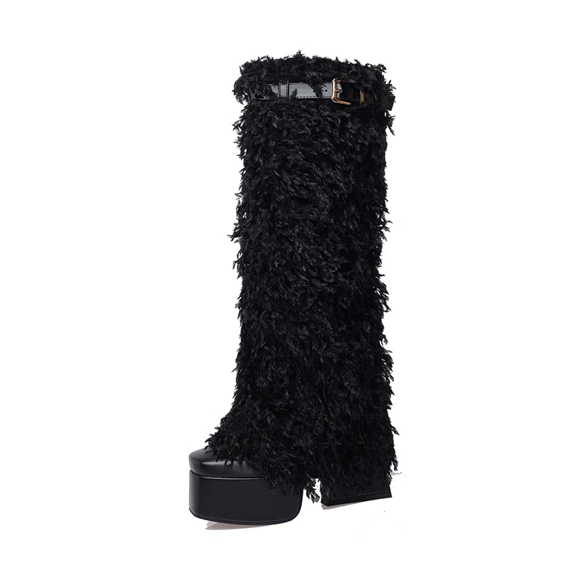 2024 Plus Size Ostrich Hair Splicing PU Fashion Fashion Women's Knee High Boots Square Toe High Platform Exaggerated Art Boots