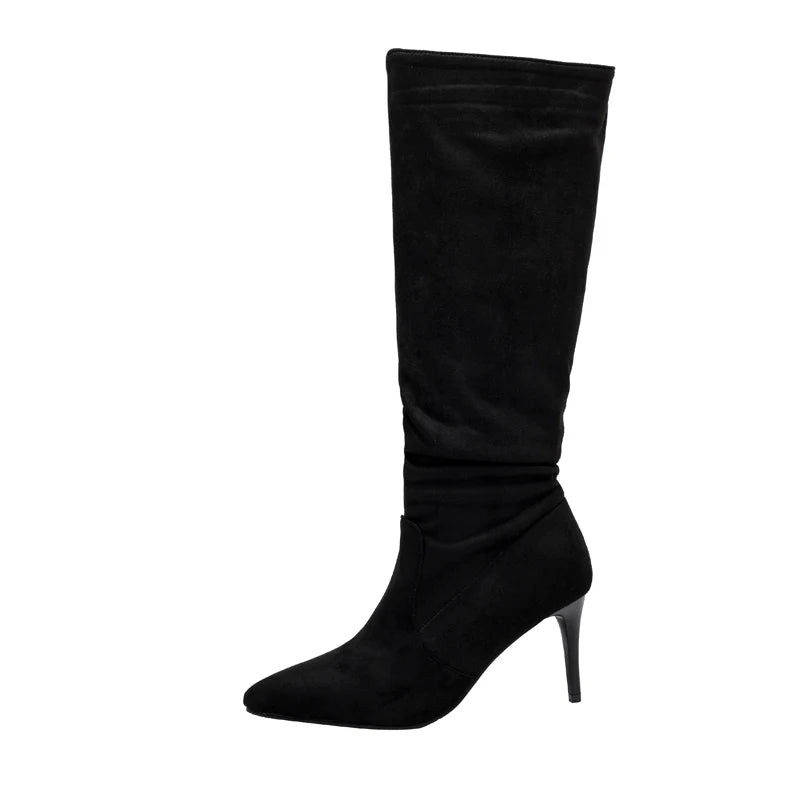 Plus Size Pleated Flock Pointed Ultra High Slim Heel Women's Knee High Boots With Short Plush Lining Slip-On Concise Style Boots