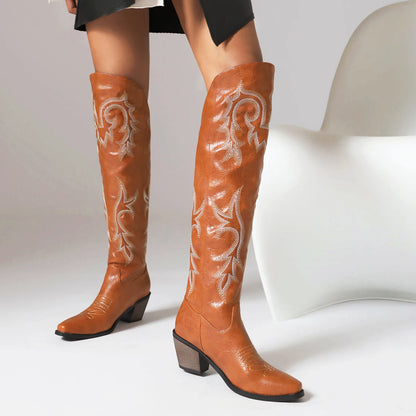 Plus Size Embroidered Punk Style Women's Knight Boots With Pointed Wood Grain Thick Heels Embroidered Fashion Knee Length Boots