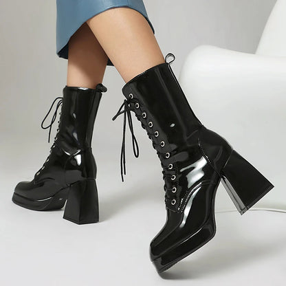 Plus Size Patent Leather Cross Tie Women's Mid-Calf Boots Square Toe Platform Ultra-High Thick Heel Thick Plush Lining Warm Boot