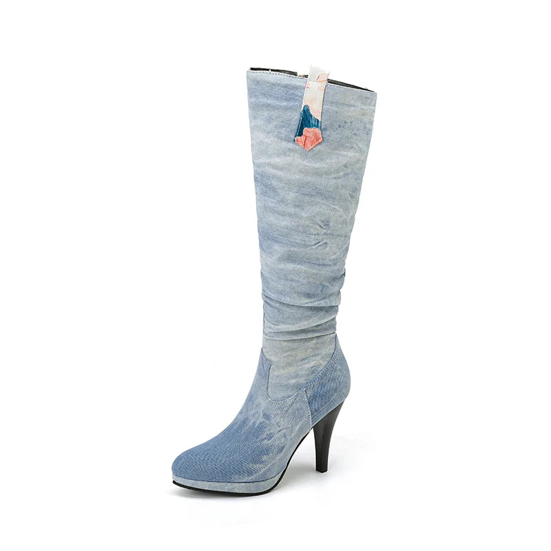 Ultra High Tapered Fine Heel Printed Denim Material Side Zipper Knee Boots Platform Microfiber Lining Autumn New Women's Boots