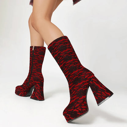 Printed Frosted Velvet Upper High Platform Ultra-High Thick Heel Side Zipper Warm Mid-Calf Boots Irregular Thick Heel Boots