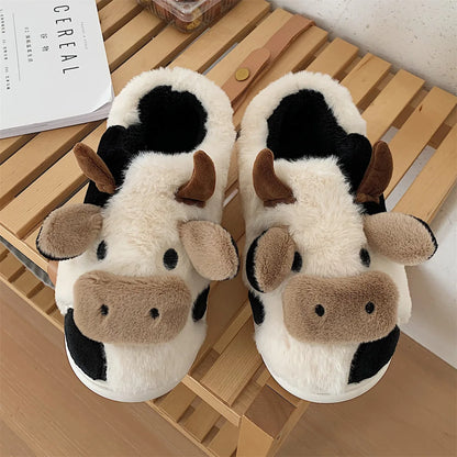 Evshine Women's Cute Milk Cow Furry Slippers Winter Warm Plush Lined Non-slip House Slipper Female Fur Fluffy Casual Flat Slides