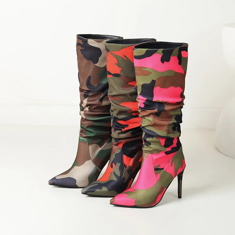 Camouflage Pointed Ultra-High Slim Heels For Women's Fashion Boots Mixed Colors For Women's Knee Length Boots