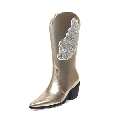 Plus Size Wing Pattern Sequin Cloth Decal Women's Mid Length Boots With Pointed Tapered Thick Heels Slip-On Metallic Boots