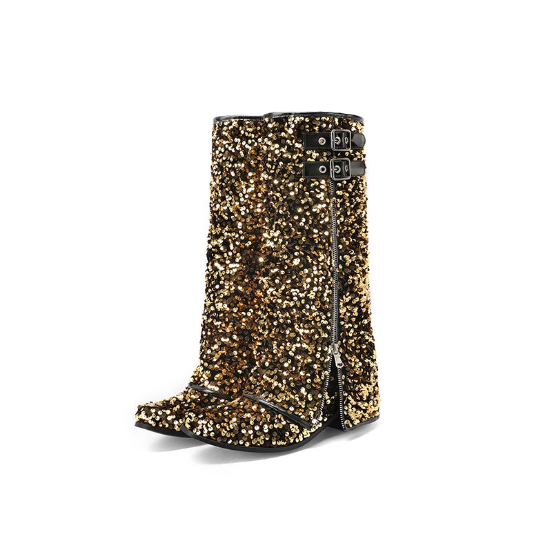 Circle Glitter Flipped Zipper Mid-Calf Boots