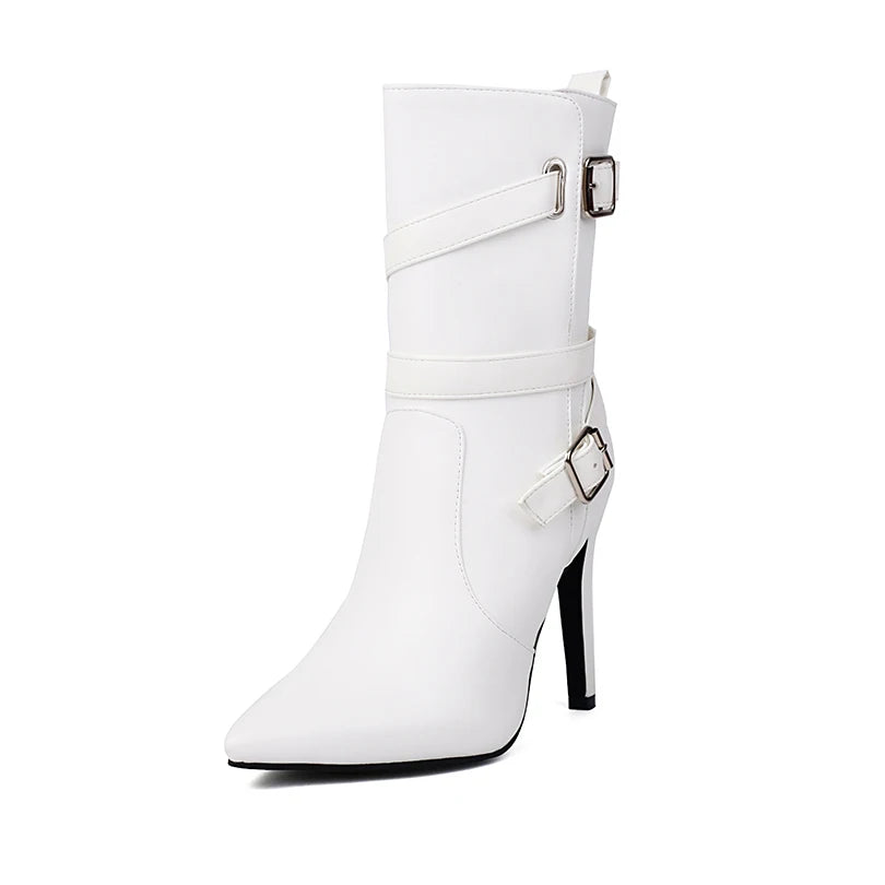 Plus Size Cross Metal Belt Buckle Pointed Ultra-High Thin Heel Side Zipper Sexy Boots Breathable Interior Fashion Mid-calf Boots