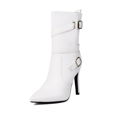 Plus Size Cross Metal Belt Buckle Pointed Ultra-High Thin Heel Side Zipper Sexy Boots Breathable Interior Fashion Mid-calf Boots