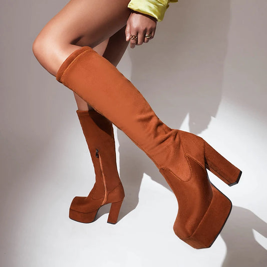 Plus Size Frosted Velvet Material Upper High Platform Ultra-High Thick Heel Women's Knee High Boots Zipper Concise Style Boots