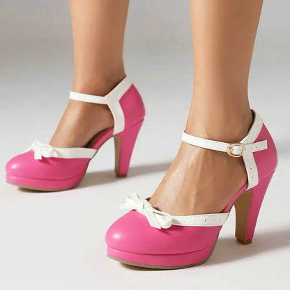 White Pink Contrast Color Striped Closed Toe Korean Style Lovely Girls Mary Janes Summer Pumps Wedding Shoes Bride Heels Sandals