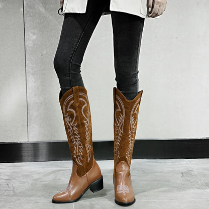 Plus Size Matte Flock Stitching PU Embroidered Popular Western Boots Pointed Thick Heel Slip On Women's Knee Boots