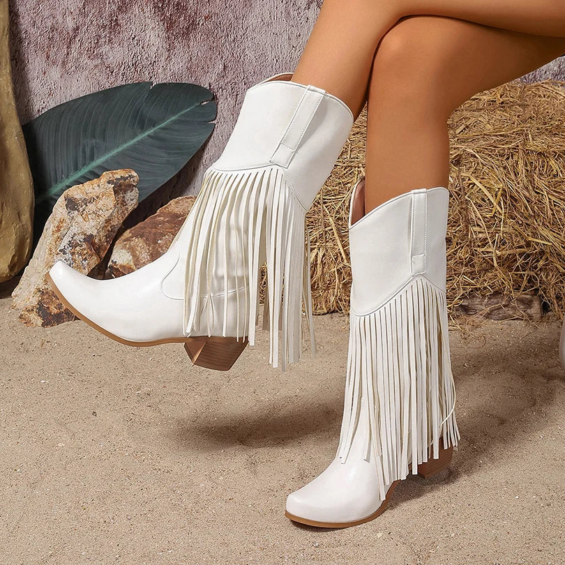 Plus Size Flock Velvet Material Wood Grain Coarse Heel Fringe Fine Strip Slip On Women's Mid-Calf Boots Plush Lining Knight Boot