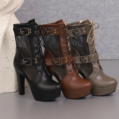 Plus Size Hollowed Out Mesh Patchwork PU Cross Tie Side Zipper Summer Cool Mid-Calf Boots Platform Ultra-High Thick Heel Boots