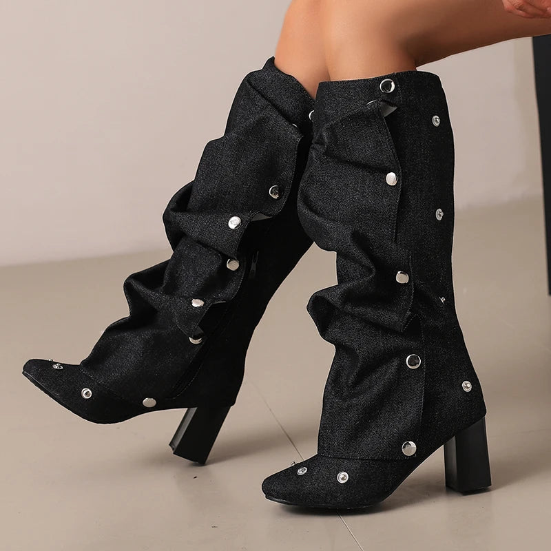 Plus Size Denim Fashionable Rivet Thick Heel Side Zipper Knee High Boots With Round Metal Buckle British Punk Style Women's Shoe