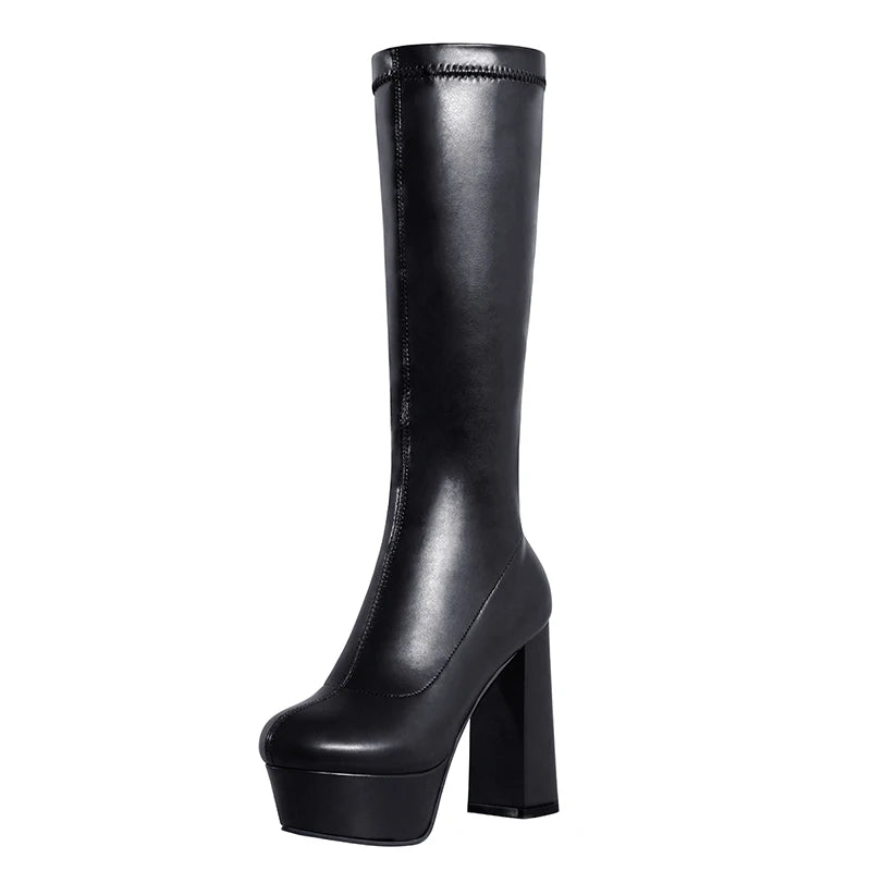 2024 Super High Thick Heel Round Toe Platform Tight Display Leg Thin Elastic Boots Slip On Plush Inner Women's Knee Boots