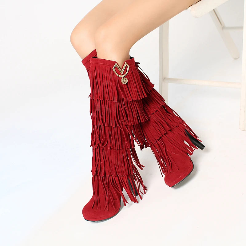 2024 Round Toe Platform Ultra-High Thick Heel Frosted Flock Material Tassel Women's Knee-high  Boots Metal Decoration Warm Boots