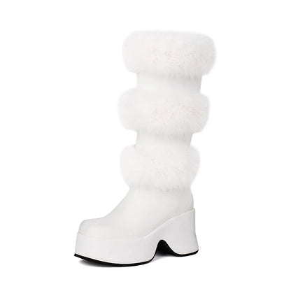 Matte Velvet Patchwork Fur Round Toe Thick Sole Sponge Cake Heel Thick Plush Fur Boots Slip On Height Increasing Knee High Boots