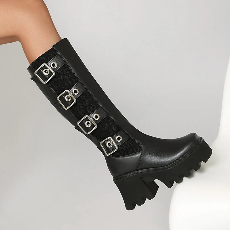 Elastic Velvet Splicing PU Punk Style Row Metal Belt Square Buckle Boots High Platform Thick Heel Zipper Plush Lining Knee Boots