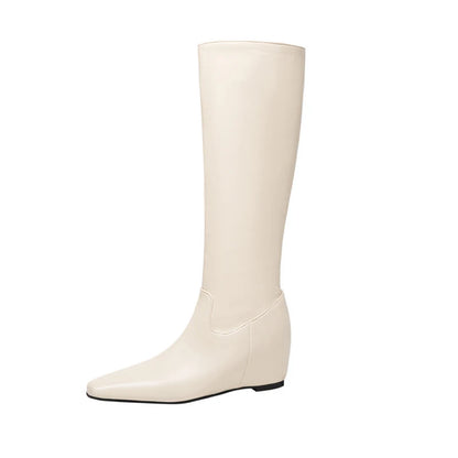 Plus Size Soft And Comfortable PU Flat Bottomed Sloping Heel Short Plush Inner Knee High Boots Concise Slip-On Knight Boots