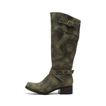 2024 Plus Size Military Green PU Cross Buckle Side Zipper Women's Knee Length Boots With Short Plush Lining Classic Retro Boots