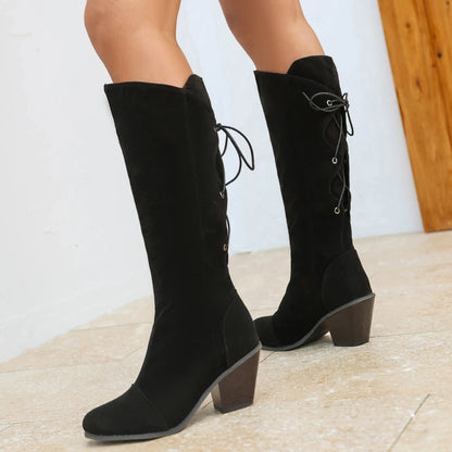 Frosted Flock Cross Lace Up Ultra High Wood Grain Thick Heel Vintage Knee Length Boots Winter Warm Comfortable Women's Boots