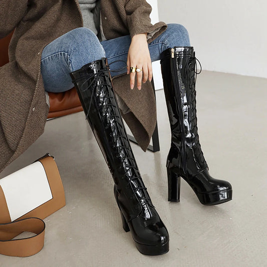 Plus Size Glossy Patent Leather Material Cross Tie Zipper Women's Knee Boots 2024  Platform Super High Thick Heels Winter Boots