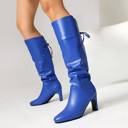 Plus Size Pointed Shaped High-Heeled Soft PU Women's Knee High Boots With Breathable Lace Up Inside And Sexy Long Boots