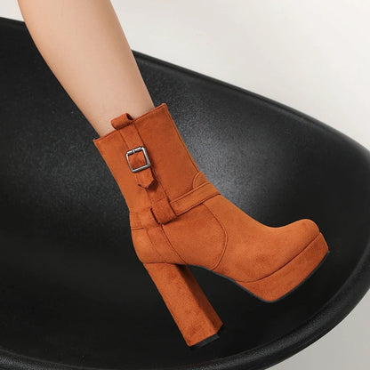 Plus Size Frosted Suede Material Waterproof Round Toe Super High Thick Heel Belt Buckle Side Zipper Women's Mid Calf Boots