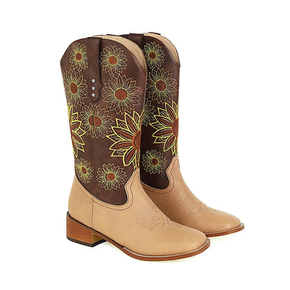 Embroidery Flower Women's Western Boots Square Head Thick Heel