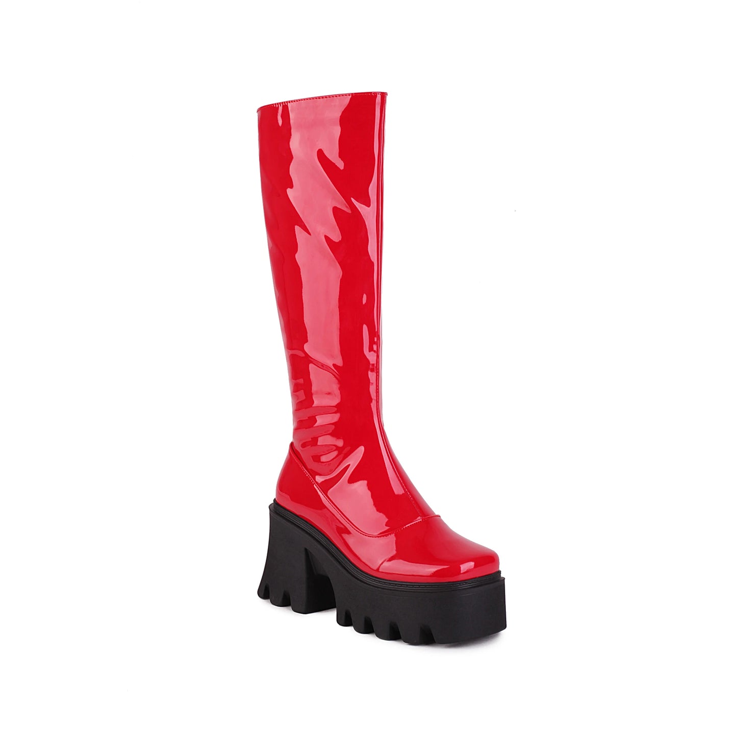 Square Toe Ultra-High Platform Non-Slip Rubber Platform Heel Knee Boots Simple Style Bright Patent Leather Height-Enhancing Shoe